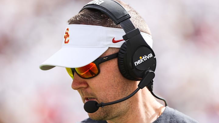 Sep 30, 2023; Boulder, Colorado, USA; USC Trojans head coach Lincoln Riley during the game against the Colorado Buffaloes at Folsom Field. Mandatory Credit: Chet Strange-Imagn Images