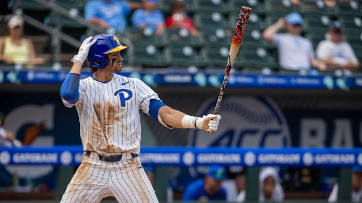 May 23, 2024; Charlotte, NC, USA; Pittsburgh Panthers infielder Ryan Zuckerman (14) at bat in the sixth inning against the North Carolina Tar Heels during the ACC Baseball Tournament at Truist Field. Mandatory Credit: Scott Kinser-Imagn Images