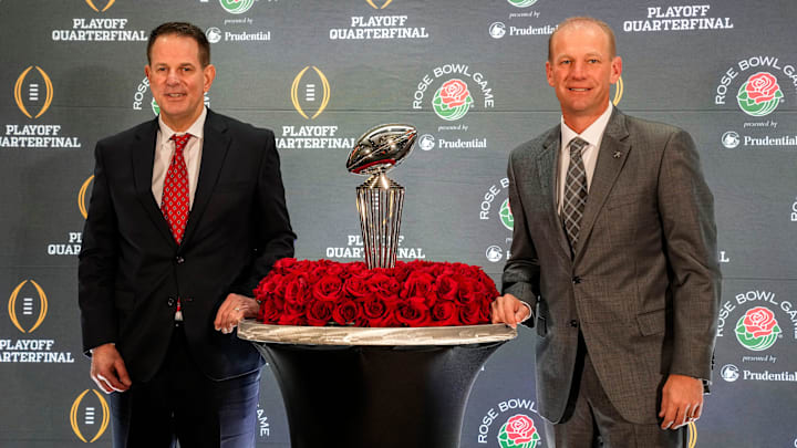Indiana Hoosiers head coach Curt Cignetti and Alabama Crimson Tide head coach Kalen Deboer pose for a photo Wednesday, Dec. 31, 2025, during a coaches press conference ahead of the Rose Bowl at the Sheraton Grand Los Angeles. Indiana Hoosiers head coach Curt Cignetti and Alabama Crimson Tide head coach Kalen Deboer pose for a photo Wednesday, Dec. 31, 2025, during a coaches press conference ahead of the Rose Bowl at the Sheraton Grand Los Angeles.