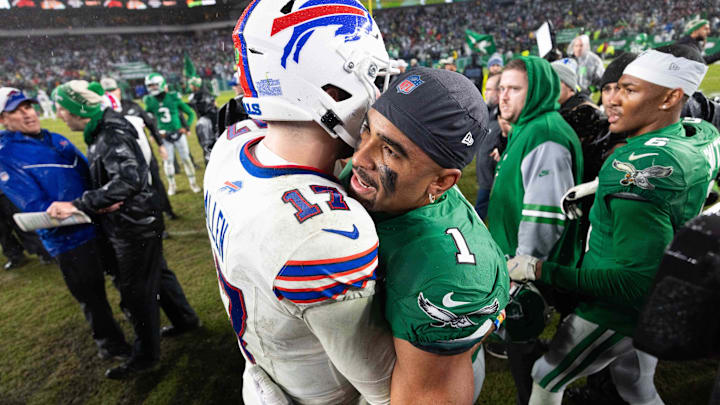 Nov 26, 2023; Philadelphia, Pennsylvania, USA; Philadelphia Eagles and Buffalo Bills quarterback Josh Allen (17) meet on the field after an Eagles overtime victory at Lincoln Financial Field. 