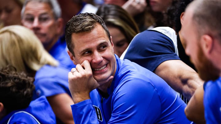 Oct 3, 2025; Durham, NC, USA; Duke Blue Devils head coach Jon Scheyer smiles during the Countdown to Craziness at the Cameron Indoor Stadium. Mandatory Credit: Jaylynn Nash-Imagn Images