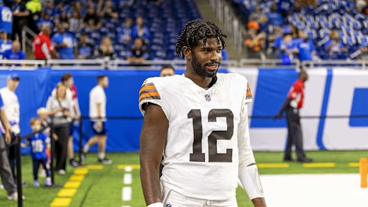 Sep 28, 2025; Detroit, Michigan, USA; Cleveland Browns quarterback Shedeur Sanders (12) warms up before the game against the Detroit Lions at Ford Field. Mandatory Credit: David Reginek-Imagn Images Sep 28, 2025; Detroit, Michigan, USA; Cleveland Browns quarterback Shedeur Sanders (12) warms up before the game against the Detroit Lions at Ford Field. Mandatory Credit: David Reginek-Imagn Images