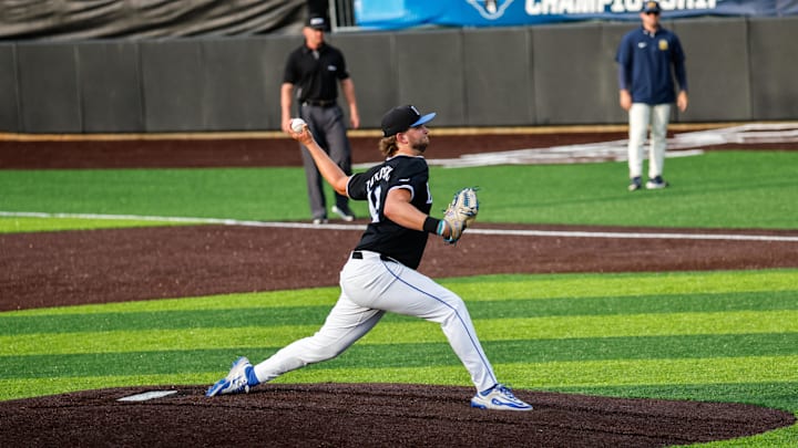 Jun 9, 2025; Durham, NC, USA; Duke pitcher Henry Zatkowski (12) pitches the ball during the first inning of the Durham Super Regional against Murray State at Jack Coombs Field. Mandatory Credit: Jaylynn Nash-Imagn Images