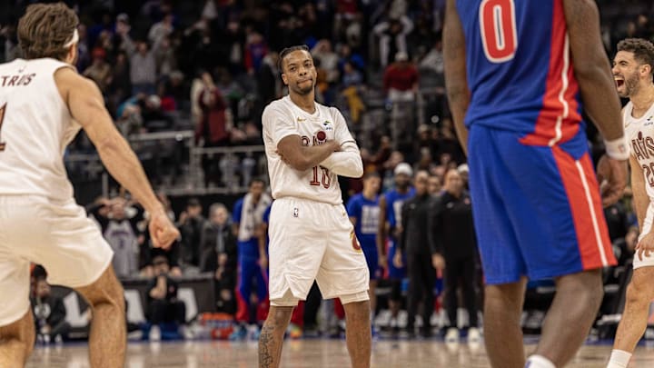 Feb 5, 2025; Detroit, Michigan, USA; Cleveland Cavaliers guard Darius Garland (10) folds his arms after hitting a three point buzzer beating basket to win the game against the Detroit Pistons during the second half at Little Caesars Arena. Mandatory Credit: David Reginek-Imagn Images
