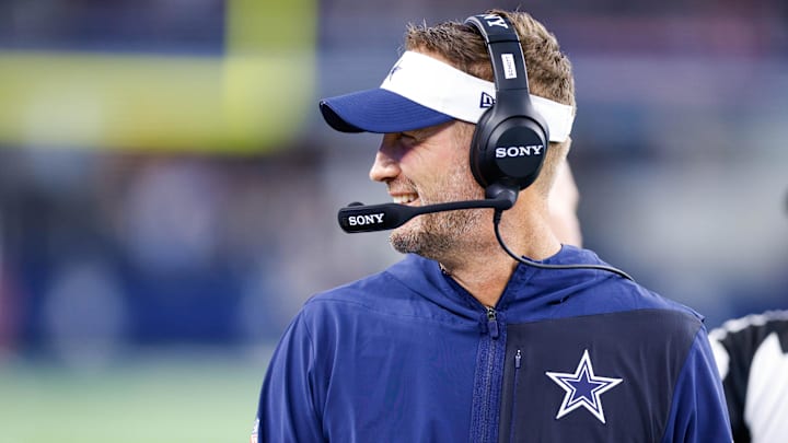 Dallas Cowboys head coach Brian Schottenheimer smiles during the first quarter against the Atlanta Falcons.