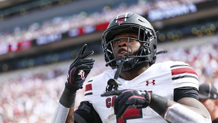 Oct 19, 2024; Norman, Oklahoma, USA; South Carolina Gamecocks running back Raheim Sanders (5) reacts after scoring a touchdown during the first half against the Oklahoma Sooners at Gaylord Family-Oklahoma Memorial Stadium. Mandatory Credit: Kevin Jairaj-Imagn Images Oct 19, 2024; Norman, Oklahoma, USA; South Carolina Gamecocks running back Raheim Sanders (5) reacts after scoring a touchdown during the first half against the Oklahoma Sooners at Gaylord Family-Oklahoma Memorial Stadium. Mandatory Credit: Kevin Jairaj-Imagn Images