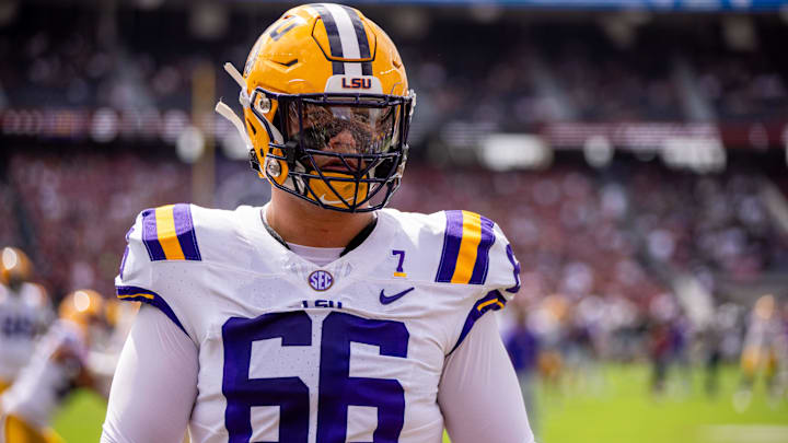 Sep 14, 2024; Columbia, South Carolina, USA; LSU Tigers offensive tackle Will Campbell (66) warms up before a game against the South Carolina Gamecocks at Williams-Brice Stadium. 