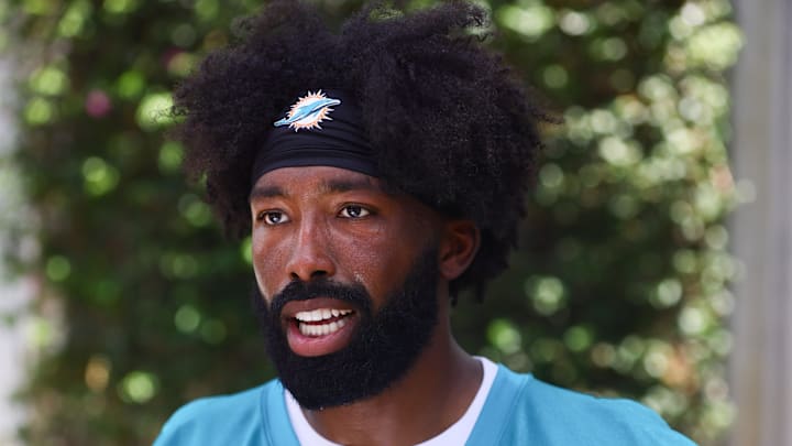 Jun 5, 2024; Miami Gardens, FL, USA;  Miami Dolphins cornerback Kendall Fuller (29) speaks to reporters during mandatory minicamp at Baptist Health Training Complex. Mandatory Credit: Sam Navarro-Imagn Images
