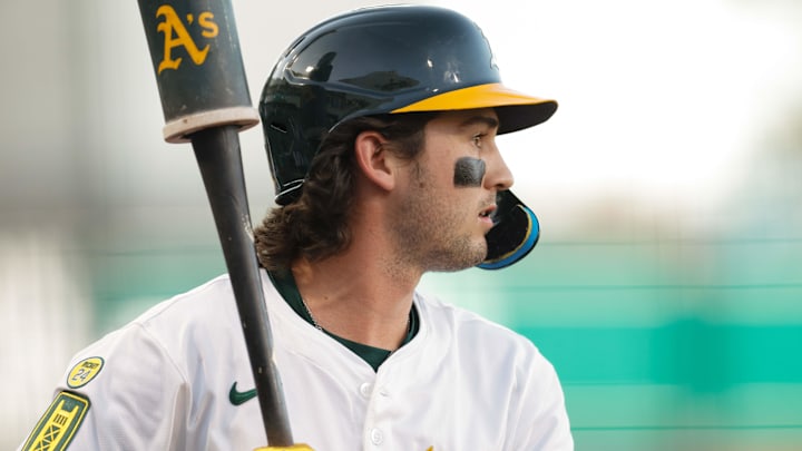 Jun 17, 2025; West Sacramento, California, USA; Athletics shortstop Jacob Wilson (5) bats during the game against the Houston Astros at Sutter Health Park. Mandatory Credit: Sergio Estrada-Imagn Images Jun 17, 2025; West Sacramento, California, USA; Athletics shortstop Jacob Wilson (5) bats during the game against the Houston Astros at Sutter Health Park. Mandatory Credit: Sergio Estrada-Imagn Images