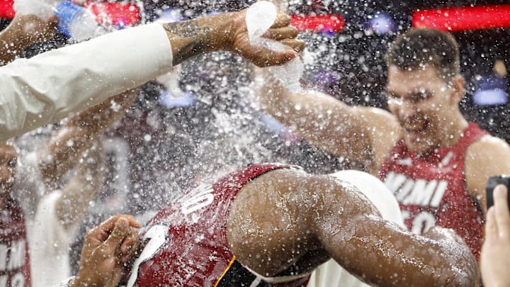 Mar 10, 2026; Miami, Florida, USA;  Miami Heat center Bam Adebayo (13) celebrates with teammates after becoming the NBA's second highest scorer of points, with 83 in a game against the Wshington Wizards at Kaseya Center. Mandatory Credit: Rhona Wise-Imagn Images