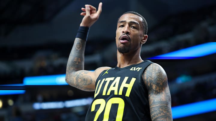 Oct 10, 2024; Dallas, Texas, USA; Utah Jazz forward John Collins (20) reacts during the second half against the Dallas Mavericks at American Airlines Center. Mandatory Credit: Kevin Jairaj-Imagn Images