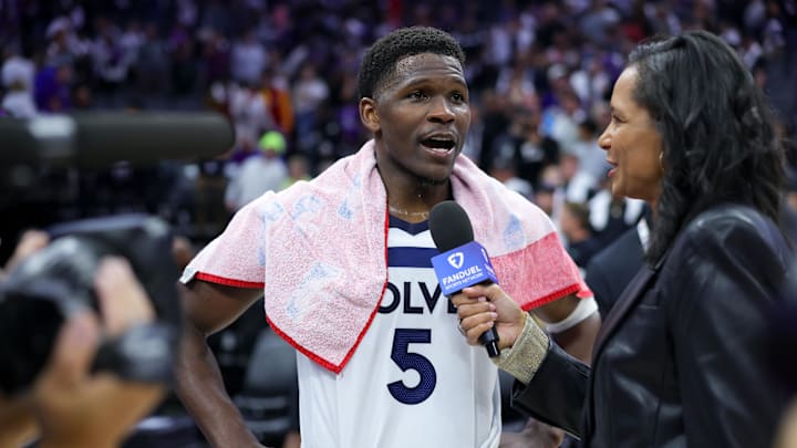 Minnesota Timberwolves guard Anthony Edwards (5) is interviewed by media after the game against the Sacramento Kings at Golden 1 Center. 