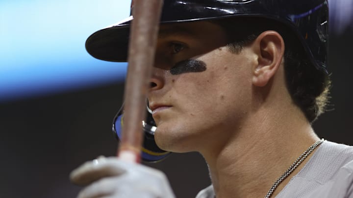 Aug 12, 2025; Houston, Texas, USA; Boston Red Sox left fielder Roman Anthony (19) stands on deck during the game against the Houston Astros at Daikin Park. Mandatory Credit: Troy Taormina-Imagn Images