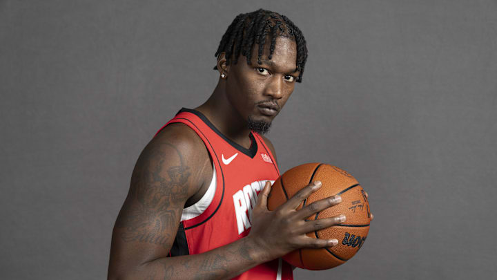 Sep 29, 2025; Houston, TX, USA;  Houston Rockets forward Dorian Finney-Smith (2) poses for a picture during Houston Rockets media day at Toyota Center. Mandatory Credit: Troy Taormina-Imagn Images