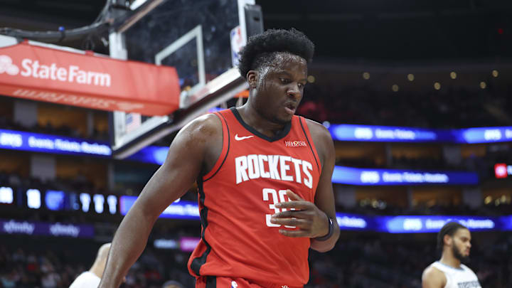 Apr 12, 2026; Houston, Texas, USA; Houston Rockets center Clint Capela (30) reacts after a play during the first quarter against the Memphis Grizzlies at Toyota Center. Mandatory Credit: Troy Taormina-Imagn Images Apr 12, 2026; Houston, Texas, USA; Houston Rockets center Clint Capela (30) reacts after a play during the first quarter against the Memphis Grizzlies at Toyota Center. Mandatory Credit: Troy Taormina-Imagn Images
