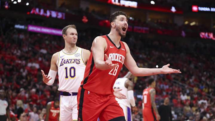 Apr 26, 2026; Houston, Texas, USA; Houston Rockets center Alperen Sengun (28) reacts after a call during the first quarter against the Los Angeles Lakers during game four of the first round of the 2026 NBA Playoffs at Toyota Center. Mandatory Credit: Troy Taormina-Imagn Images