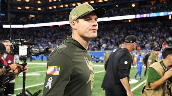 Nov 2, 2025; Detroit, Michigan, USA; Minnesota Vikings head coach Kevin O'Connell looks on after the match against the Detroit Lions at Ford Field. Mandatory Credit: David Reginek-Imagn Images
