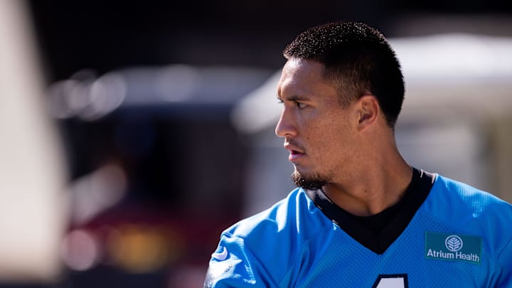 Jul 23, 2025; Charlotte, NC, USA; Carolina Panthers rookie wide receiver Tetairoa McMillan (4) walks to the field for Panthers Training Camp. Mandatory Credit: Scott Kinser-Imagn Images Jul 23, 2025; Charlotte, NC, USA; Carolina Panthers rookie wide receiver Tetairoa McMillan (4) walks to the field for Panthers Training Camp. Mandatory Credit: Scott Kinser-Imagn Images