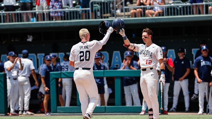 Jun 7, 2025; Chapel Hill, NC, USA; Arizona catcher Tommy Splaine (20) celebrates a home run during the third inning of the Super Regionals game against North Carolina in Chapel Hill, North Carolina. Mandatory Credit: Jaylynn Nash-Imagn Images Jun 7, 2025; Chapel Hill, NC, USA; Arizona catcher Tommy Splaine (20) celebrates a home run during the third inning of the Super Regionals game against North Carolina in Chapel Hill, North Carolina. Mandatory Credit: Jaylynn Nash-Imagn Images