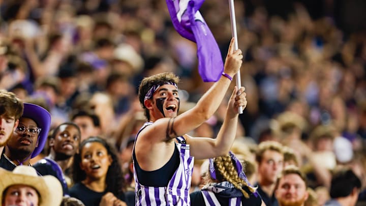 Sep 14, 2024; Fort Worth, Texas, USA; TCU Horned Frogs fans cheer on their team during the third quarter against the UCF Knights at Amon G. Carter Stadium. Mandatory Credit: Andrew Dieb-Imagn Images