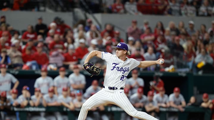 Feb 14, 2026; Arlington, TX, USA; Arkansas vs TCU during the Shriner's Children's College Showdown at Globe Life Field. Mandatory Credit: Chris Jones-Imagn Images