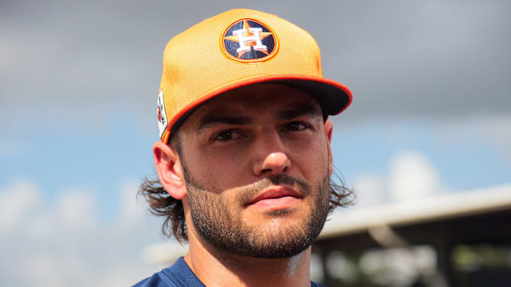 Houston Astros starting pitcher Lance McCullers Jr. (43) talks to reporters after a spring training workout at CACTI Park of the Palm Beaches on Feb. 14.