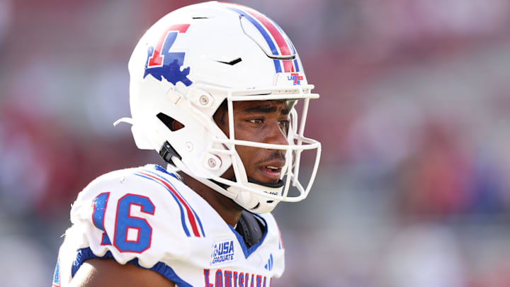 Nov 23, 2024; Fayetteville, Arkansas, USA; Louisiana Tech Bulldogs wide receiver Tru Edwards (16) prior to a game against the Arkansas Razorbacks at Donald W. Reynolds Razorback Stadium. Mandatory Credit: Nelson Chenault-Imagn Images
