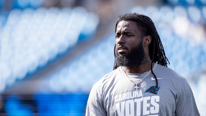 Nov 3, 2024; Charlotte, North Carolina, USA; Carolina Panthers tight end Ian Thomas (80) during pre game warm ups against the New Orleans Saints at Bank of America Stadium. Mandatory Credit: Scott Kinser-Imagn Images