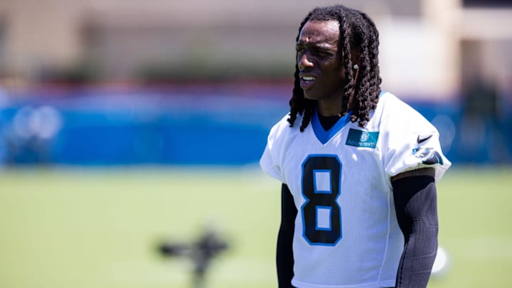 Jul 26, 2025; Charlotte, NC, USA; Carolina Panthers cornerback Jaycee Horn (8) walks off after practice at training camp. Mandatory Credit: Scott Kinser-Imagn Images