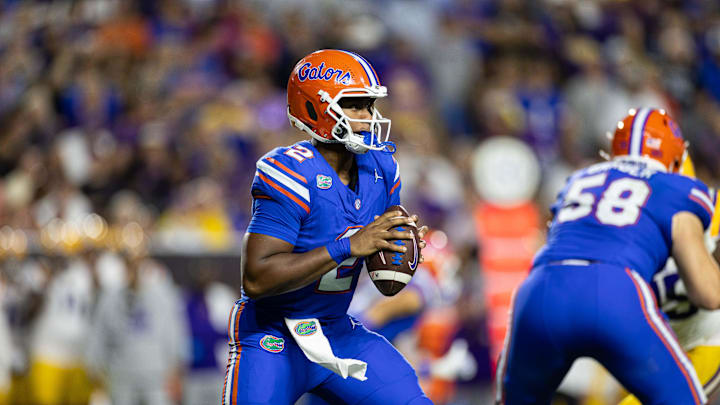 Nov 16, 2024; Gainesville, Florida, USA; Florida Gators quarterback DJ Lagway (2) looks to pass the ball against the LSU Tigers during the second half at Ben Hill Griffin Stadium. Mandatory Credit: Matt Pendleton-Imagn Images