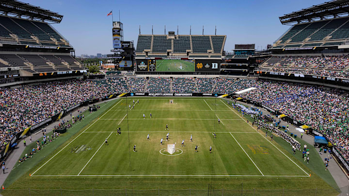May 29, 2023; Philadelphia, PA, USA; General view of game play between the Duke Blue Devils and the Notre Dame Fighting Irish during the second quarter at Lincoln Financial. 
