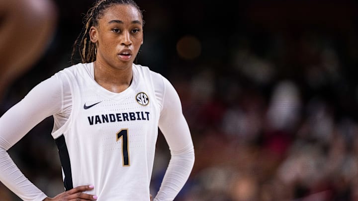 Mar 6, 2025; Greenville, SC, USA; Vanderbilt Commodores guard Mikayla Blakes (1) looks on during a free throw in the second half against the Tennessee Lady Vols at Bon Secours Wellness Arena. Mandatory Credit: Scott Kinser-Imagn Images