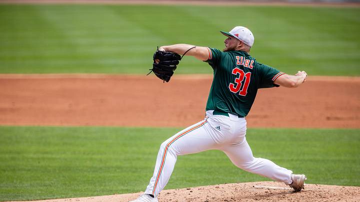 May 23, 2024; Charlotte, NC, USA; Miami (Fl) Hurricanes pitcher Gage Ziehl (31) during the second inning against the Clemson Tigers during the ACC Baseball Tournament at Truist Field. Mandatory Credit: Scott Kinser-USA TODAY Sports May 23, 2024; Charlotte, NC, USA; Miami (Fl) Hurricanes pitcher Gage Ziehl (31) during the second inning against the Clemson Tigers during the ACC Baseball Tournament at Truist Field. Mandatory Credit: Scott Kinser-USA TODAY Sports