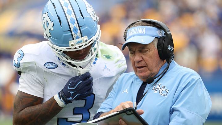 Oct 10, 2026; Pittsburgh, Pennsylvania, USA;  *North Carolina Tar Heels defensive back Ade Willie (3) talks with North Carolina Tar Heels head coach Bill Belichick (right) during the fourth quarter against the Pittsburgh Panthers at Acrisure Stadium.  Mandatory Credit: Charles LeClaire-Imagn Images
