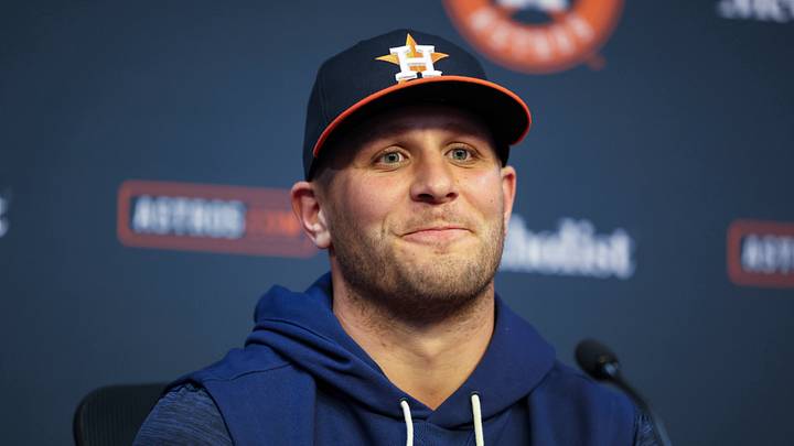 Aug 3, 2026; Houston, Texas, USA; Houston Astros center fielder Daulton Varsho speaks with the media before the game against the Toronto Blue Jays at Daikin Park. Mandatory Credit: Troy Taormina-Imagn Images