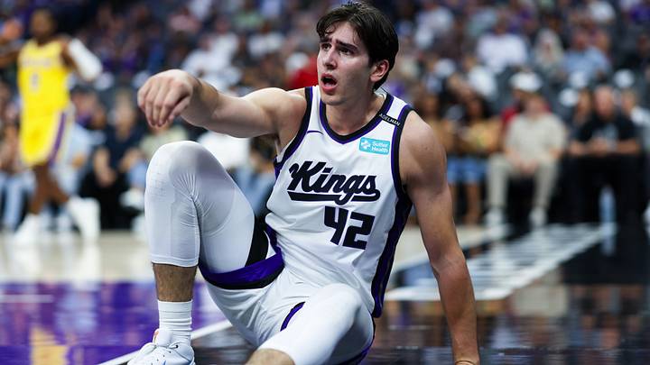 Oct 5, 2026; Sacramento, California, USA; Sacramento Kings center Maxime Raynaud (42) gets off the floor after a play during the first quarter against the Los Angeles Lakers at Golden 1 Center. Mandatory Credit: Sergio Estrada-Imagn Images Oct 5, 2026; Sacramento, California, USA; Sacramento Kings center Maxime Raynaud (42) gets off the floor after a play during the first quarter against the Los Angeles Lakers at Golden 1 Center. Mandatory Credit: Sergio Estrada-Imagn Images