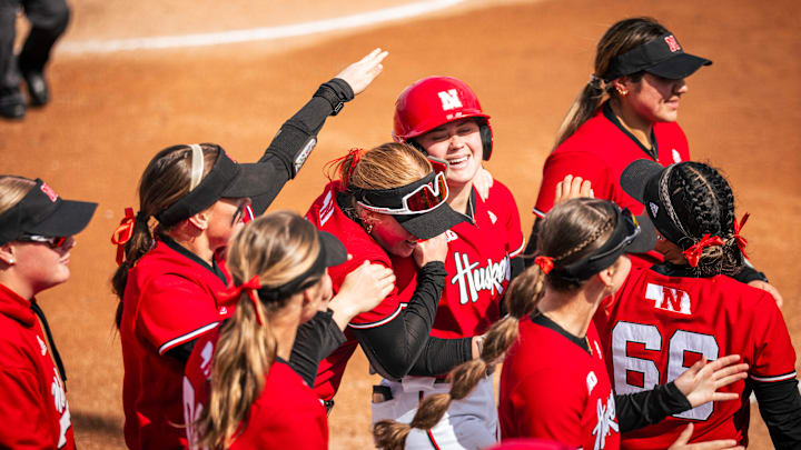 Nebraska catcher Olivia DiNardo celebrates a home run against Missouri at the Wichita State Tournament on March 1, 2025.