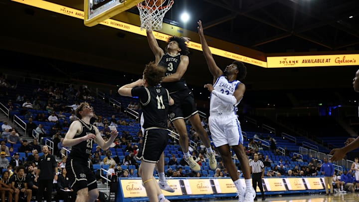 Zach White dunks the ball against Santa Margarita in a game at UCLA's Pauley Pavilion earlier this 2025-26 season.