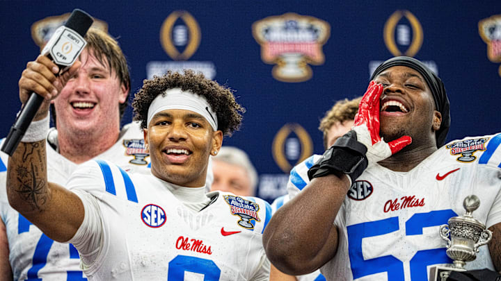 Ole Miss quarterback Trinidad Chambliss (6) and defensive lineman Will Echoles (52) interact with the fans after the Sugar Bowl and College Football Playoff quarterfinals at Caesars Superdome in New Orleans, La., on Thursday, Jan. 1, 2026. Ole Miss defeated Georgia 39-34. Chambliss and Echoles won most outstanding player for offense and defense respectively.