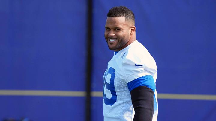 Aug 30, 2026; Woodland Hills, CA, USA; Los Angeles Rams defensive end Aaron Donald (99) at practice at the Rams Practice Facility.  Mandatory Credit: Kirby Lee-Imagn Images