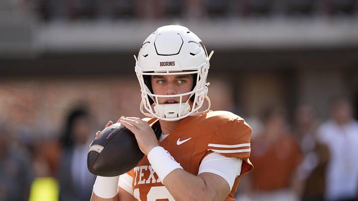 Nov 22, 2025; Austin, Texas, USA; Texas Longhorns quarterback Arch Manning (16) warms up before a game against the Arkansas Razorbacks at Darrell K Royal-Texas Memorial Stadium. Mandatory Credit: Scott Wachter-Imagn Images