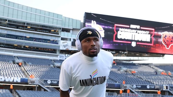 Vikings cornerback Isaiah Rodgers in a shirt honoring the victims of a recent shooting at a Minneapolis church.