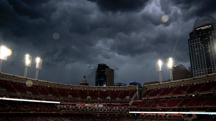 A storm delays the MLB game between Cincinnati Reds and Minnesota Twins at Great American Ball Park in Cincinnati on Wednesday, June 18, 2025.