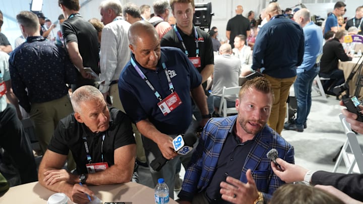 Apr 1, 2025; Palm Beach, FL, USA;  Los Angeles Rams head coach Sean McVay answers questions from the media during the NFL Annual League Meeting at The Breakers. Mandatory Credit: Jim Rassol-Imagn Images