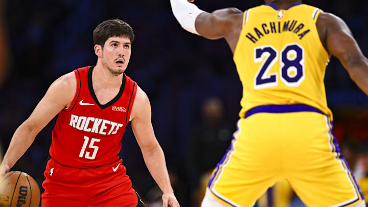 Apr 11, 2025; Los Angeles, California, USA; Houston Rockets guard Reed Sheppard (15) looks to shoot against Los Angeles Lakers forward Rui Hachimura (28) during the second half at Crypto.com Arena. Mandatory Credit: Jonathan Hui-Imagn Images Apr 11, 2025; Los Angeles, California, USA; Houston Rockets guard Reed Sheppard (15) looks to shoot against Los Angeles Lakers forward Rui Hachimura (28) during the second half at Crypto.com Arena. Mandatory Credit: Jonathan Hui-Imagn Images
