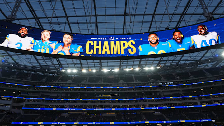 Jan 9, 2022; Inglewood, California, USA; A board congratulates the Los Angeles Rams as the NFC West Division champions after their game against the San Francisco 49ers at SoFi Stadium. Mandatory Credit: Kirby Lee-Imagn Images