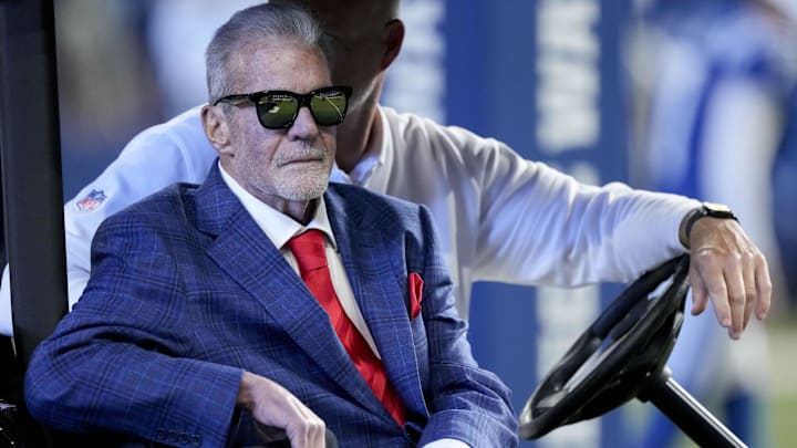 Oct 20, 2024; Indianapolis, Indiana, USA; Indianapolis Colts owner Jim Irsay sits in a golf cart during a Ring of Honor ceremony for Dallas Clark during a game against the Miami Dolphins at Lucas Oil Stadium. Mandatory Credit: Grace Hollars/IndyStar USA TODAY Network via Imagn Images