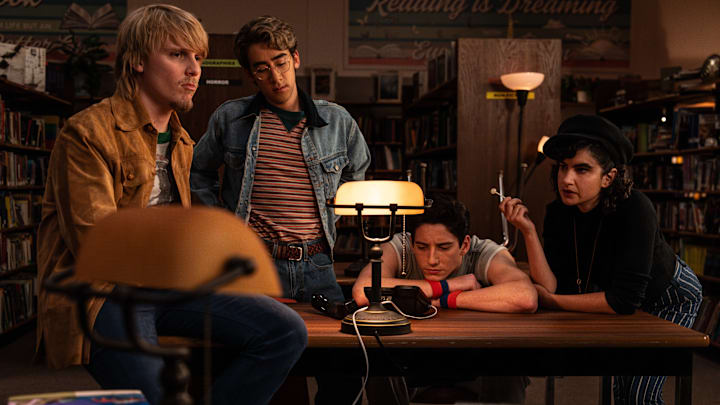L-R: Miles Elliot as Yuri, Nick Pugliese as Charley, Milo Manheim as Wally, and Sarah Yarkin as Rhonda in School Spirits, episode 5, season 2, streaming on Paramount+, 2025