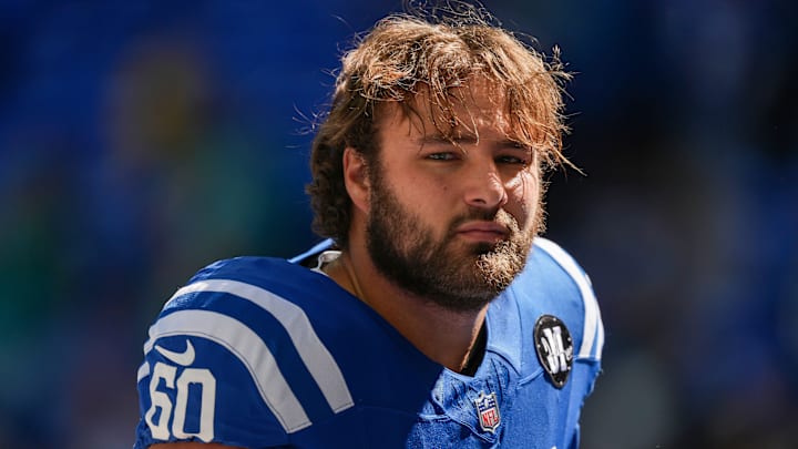 Sep 7, 2025; Indianapolis, Indiana, USA; Indianapolis Colts center Tanor Bortolini (60) waits on the field against the Miami Dolphins at Lucas Oil Stadium. Mandatory Credit: Grace Hollars-USA TODAY Network via Imagn Images