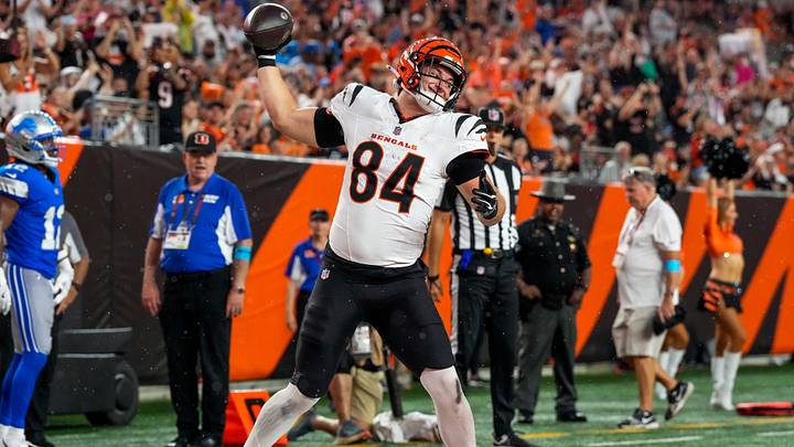 Cincinnati Bengals tight end Jack Endries (84) celebrates a touchdown in the second quarter of the NFL Preseason game between the Cincinnati Bengals and the Detroit Lions at Paycor Stadium in Cincinnati on Thursday, Aug. 13, 2026. Cincinnati Bengals tight end Jack Endries (84) celebrates a touchdown in the second quarter of the NFL Preseason game between the Cincinnati Bengals and the Detroit Lions at Paycor Stadium in Cincinnati on Thursday, Aug. 13, 2026.